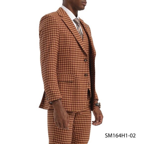 Brown/Yellow Houndstooth Notch Lapel 3 Piece Stacy Adams Men's Suit - Picture 2 of 3